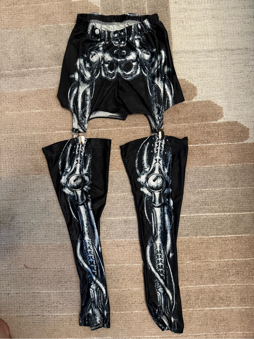 Biomechanical skeleton garter shorts tights set rave Halloween S/M
